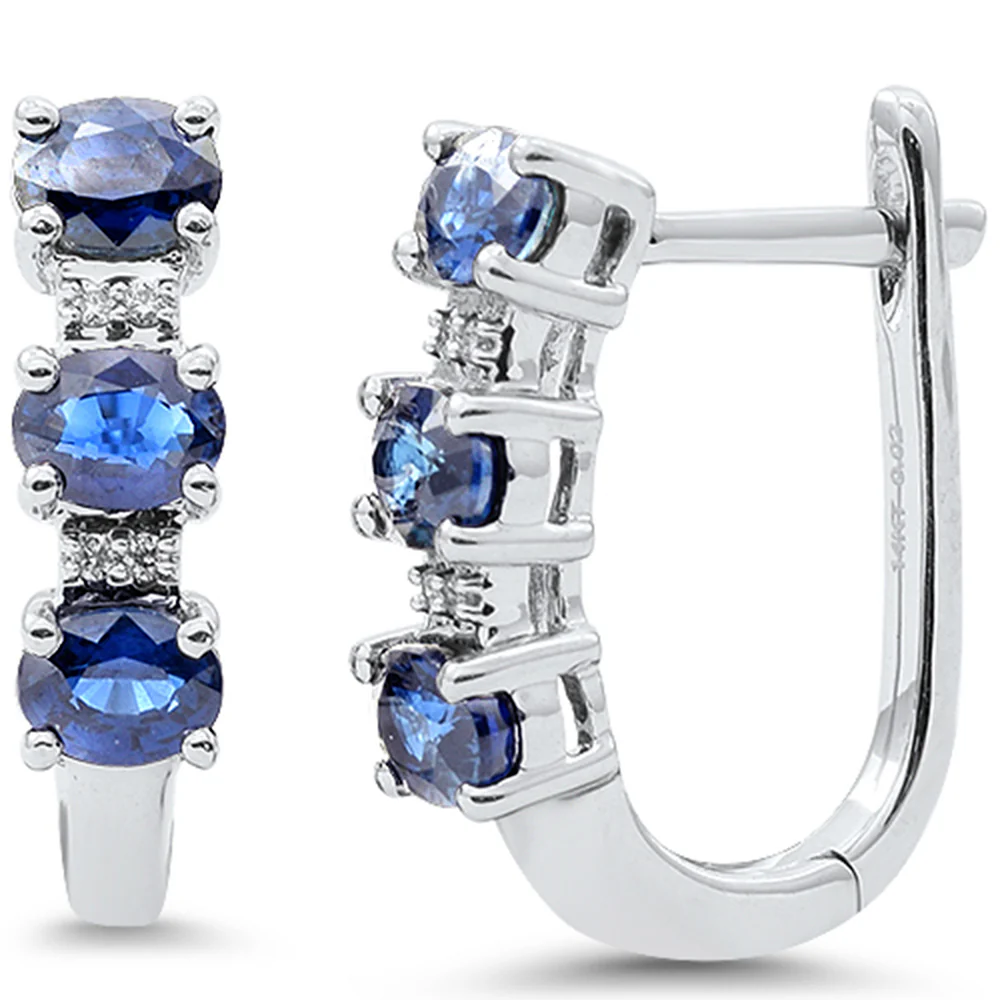 <span style="color:purple">SPECIAL!</span> 1.26ct G SI 14K White Gold Diamond & Blue Sapphire Gemstone J Hoop Earrings