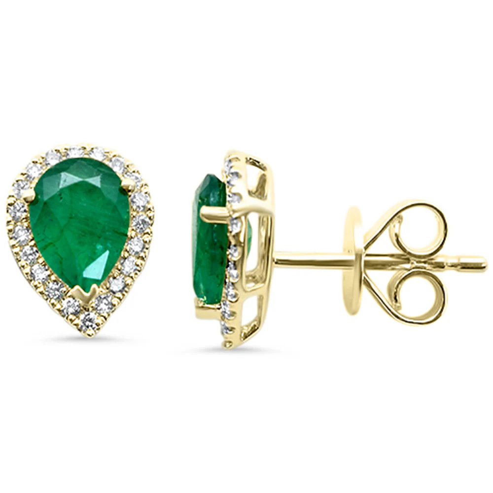 <span style="color:purple">SPECIAL!</span> 1.43ct G SI 14K Yellow Gold Diamond & Emerald Gemstone Pear Teardrop Stud Earrings