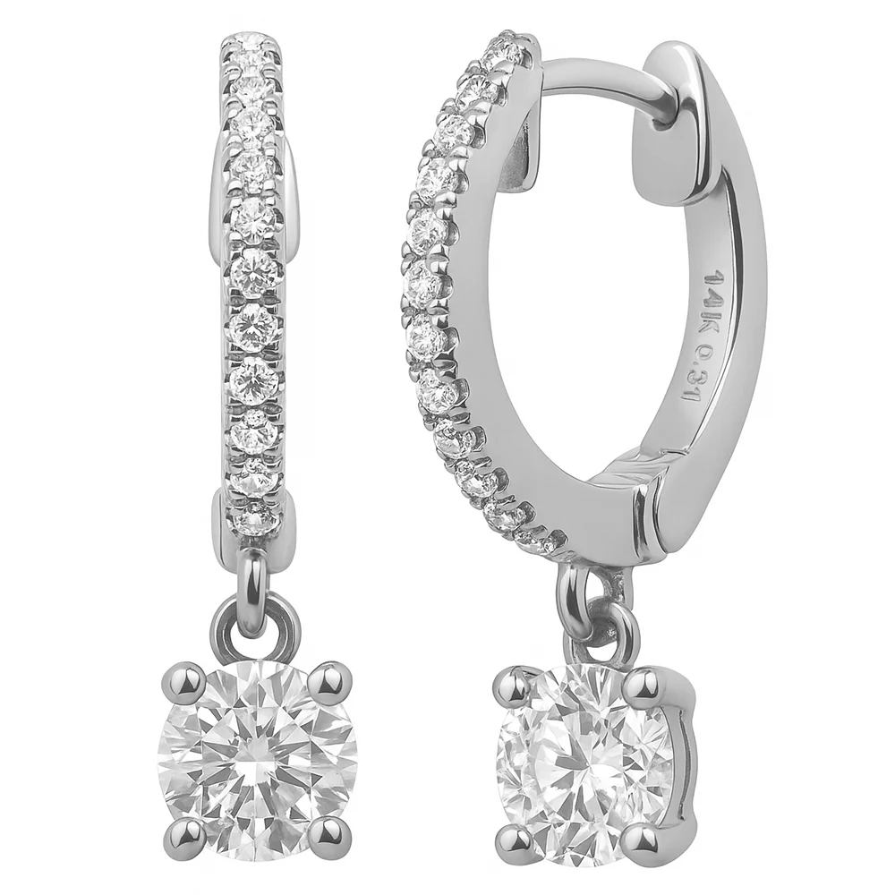 <span style="color:purple">SPECIAL!</span> .69ct G SI 14K White Gold Diamond Hoop Huggie Dangle Earrings