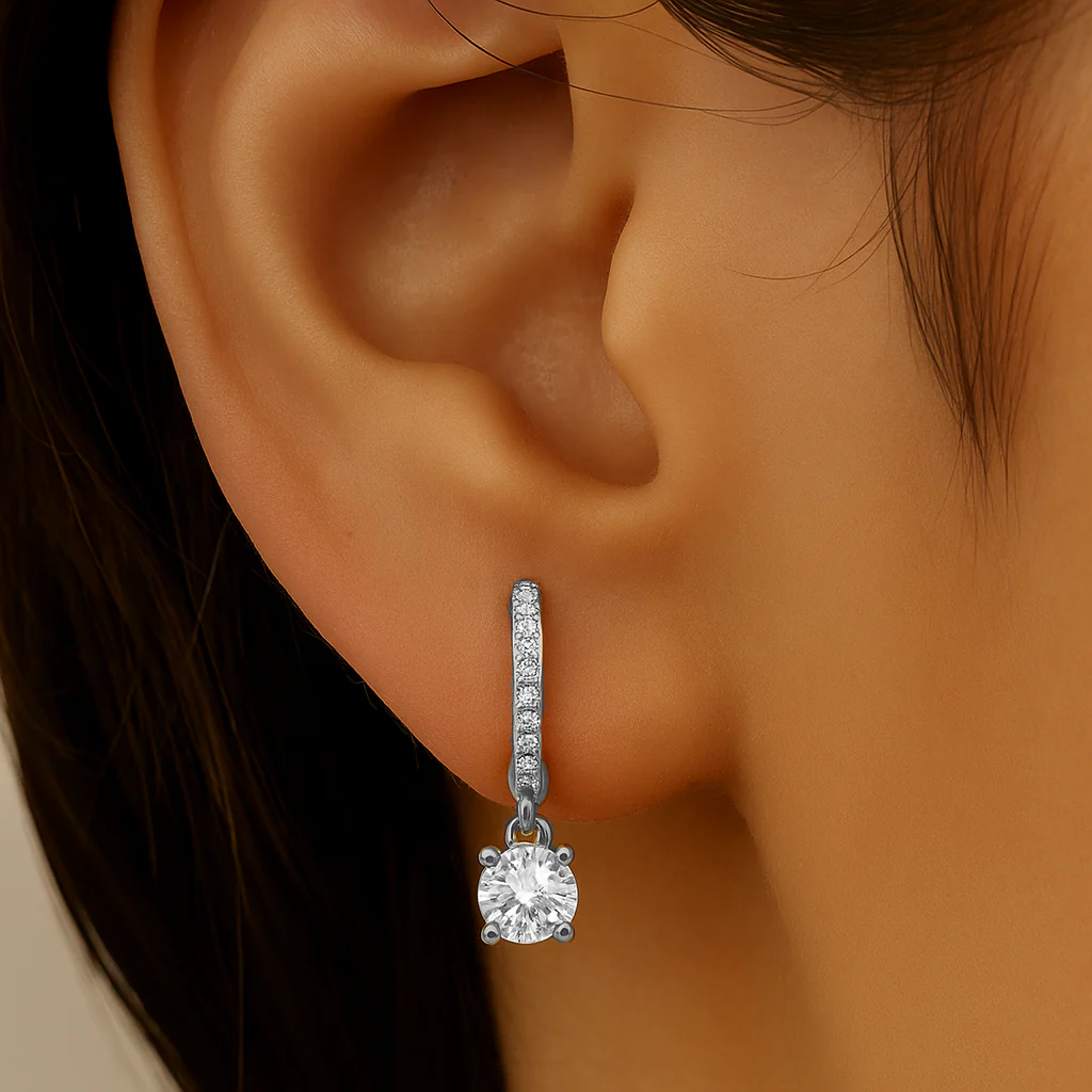 <span style="color:purple">SPECIAL!</span> .69ct G SI 14K White Gold Diamond Hoop Huggie Dangle Earrings - Image 2