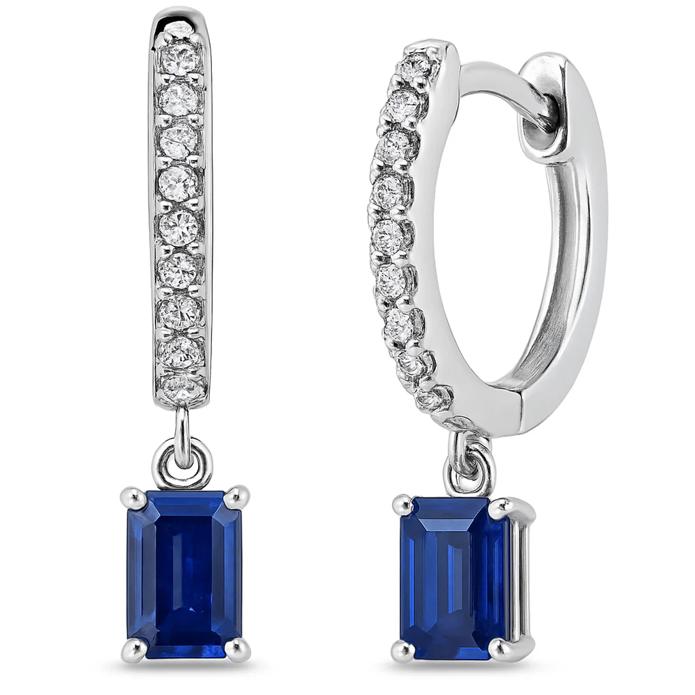 <span style="color:purple">SPECIAL!</span> .57ct G SI 14K White Gold Diamond & Blue Sapphire Gemstone Hoop Huggie Dangle Earrings