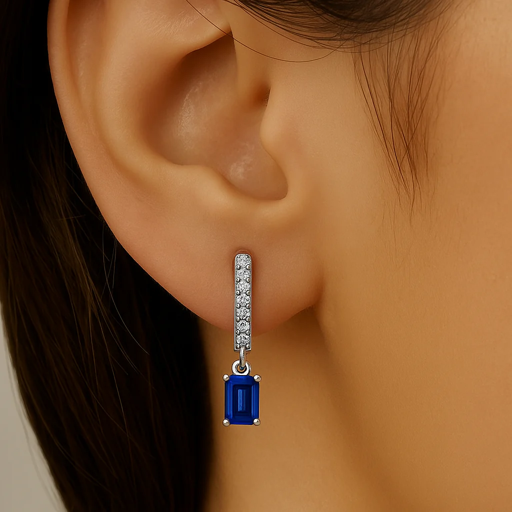 <span style="color:purple">SPECIAL!</span> .57ct G SI 14K White Gold Diamond & Blue Sapphire Gemstone Hoop Huggie Dangle Earrings - Image 2