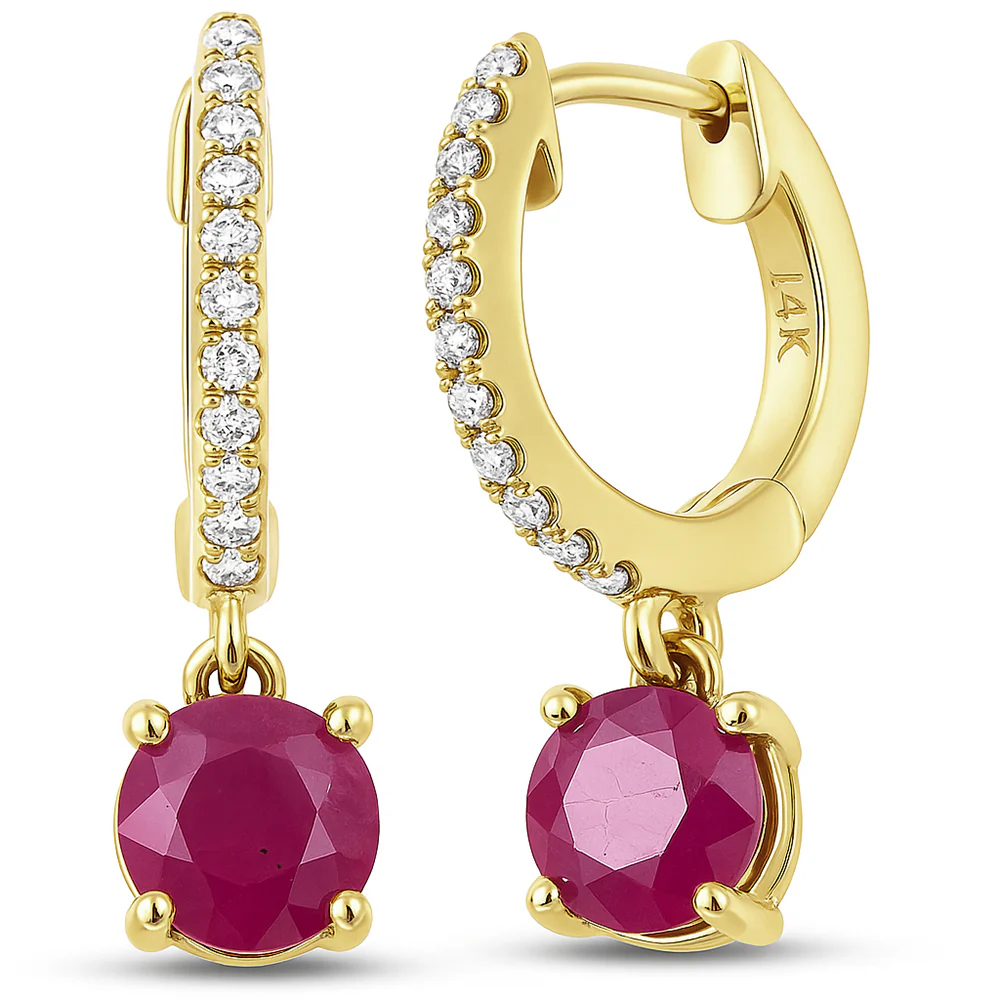 <span style="color:purple">SPECIAL!</span> 1.53ct G SI 14K Yellow Gold Diamond & Ruby Gemstone Hoop Huggie Dangle Earrings