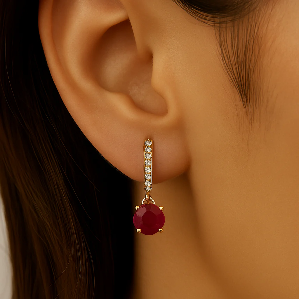 <span style="color:purple">SPECIAL!</span> 1.53ct G SI 14K Yellow Gold Diamond & Ruby Gemstone Hoop Huggie Dangle Earrings - Image 2