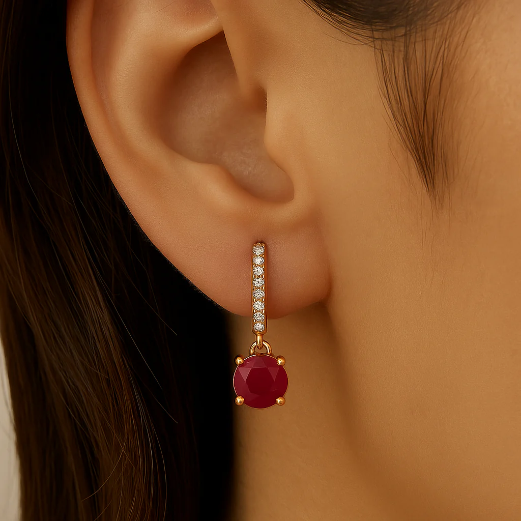 <span style="color:purple">SPECIAL!</span> 1.35ct G SI 14K Rose Gold Diamond & Ruby Gemstone Hoop Huggie Dangle Earrings - Image 2