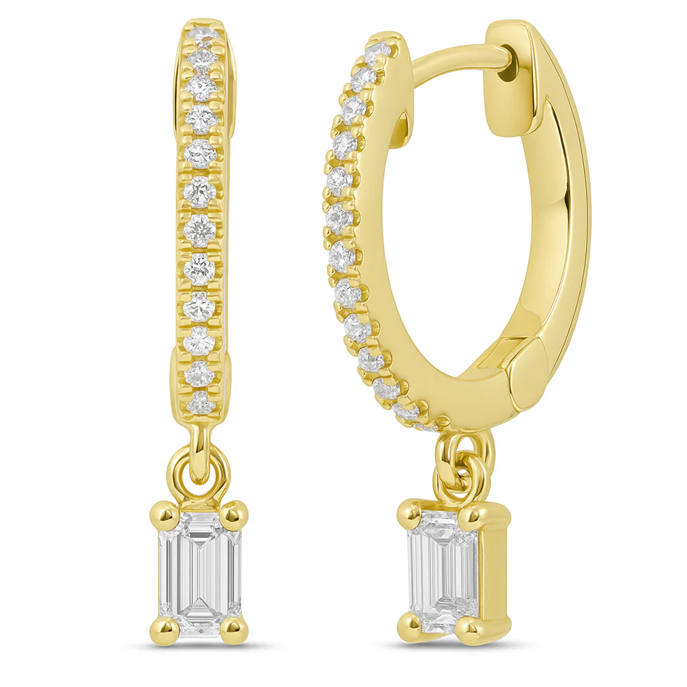 <span style="color:purple">SPECIAL!</span> .34ct G SI 14K Yellow Gold Emerald Cut Diamond Hoop Huggie Dangle Earrings