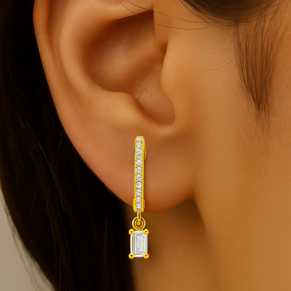 <span style="color:purple">SPECIAL!</span> .34ct G SI 14K Yellow Gold Emerald Cut Diamond Hoop Huggie Dangle Earrings - Image 2
