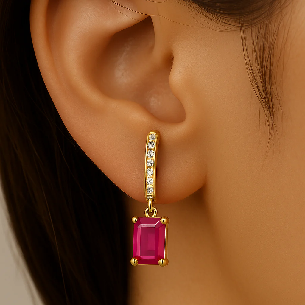 <span style="color:purple">SPECIAL!</span> 1.28ct G SI 14K Yellow Gold Diamond & Ruby Gemstone Hoop Huggie Dangle Earrings - Image 2