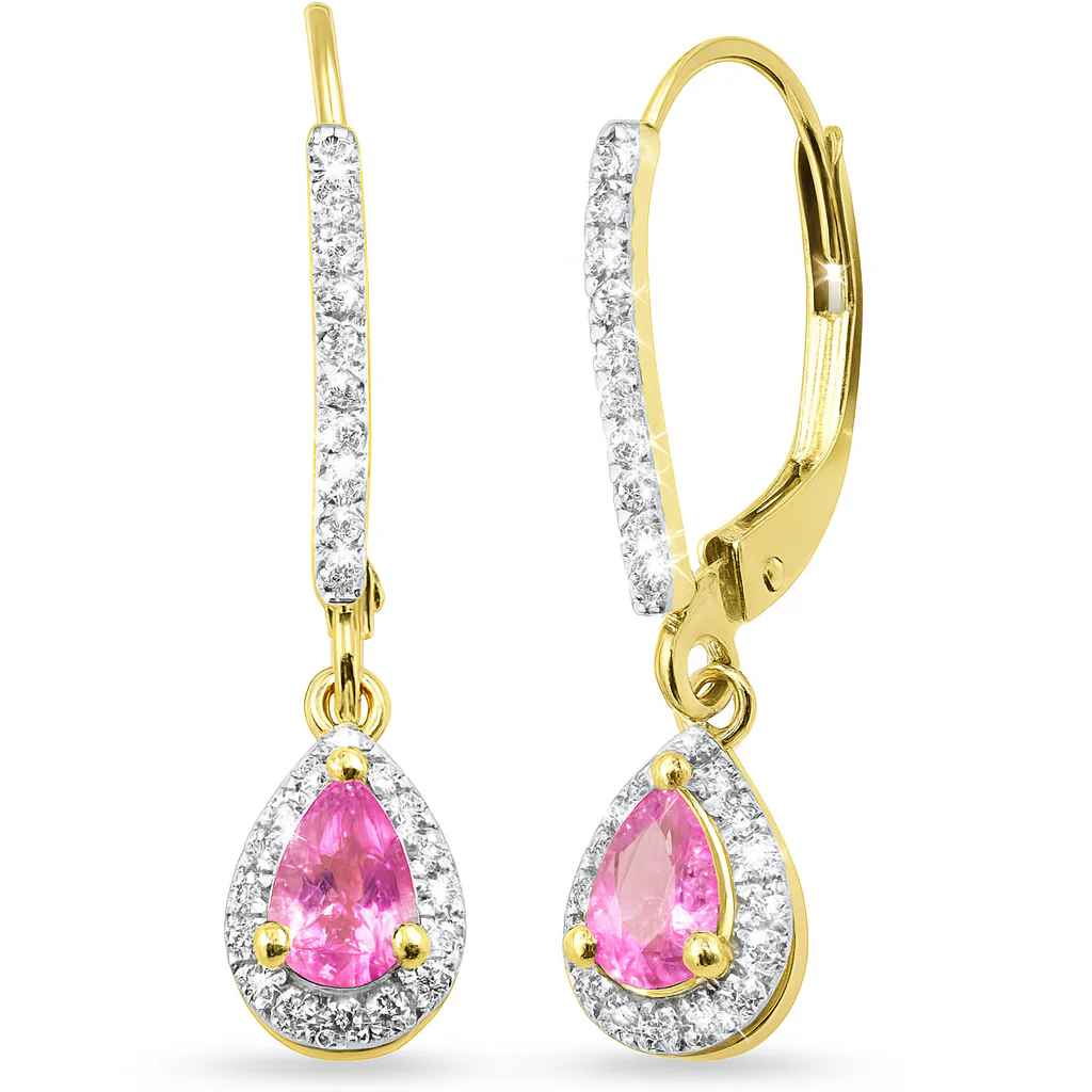 <span style="color:purple">SPECIAL!</span>.69ct G SI 14K Yellow Gold Diamond & Pink Sapphire Gemstone Lever Back Earrings