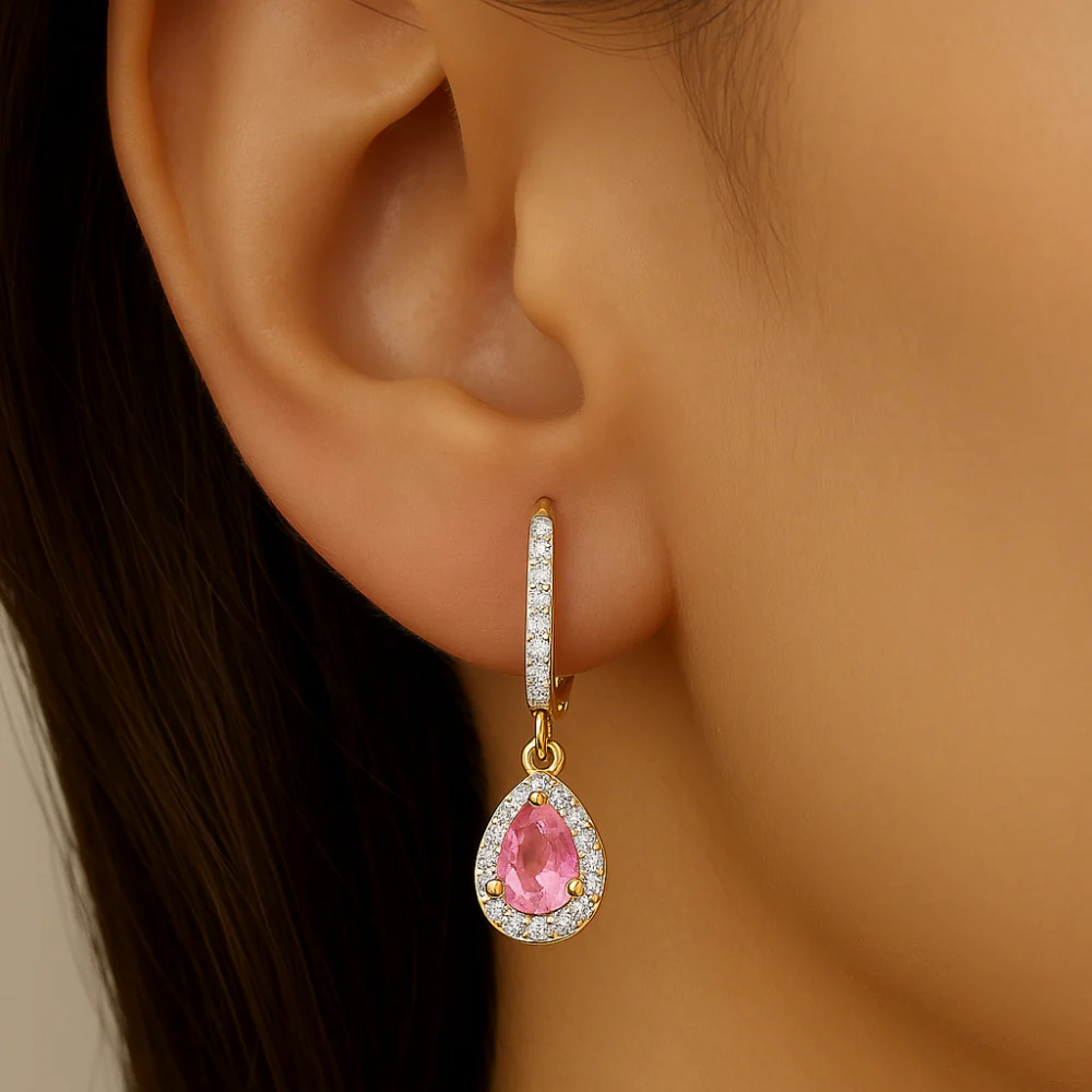 <span style="color:purple">SPECIAL!</span>.69ct G SI 14K Yellow Gold Diamond & Pink Sapphire Gemstone Lever Back Earrings - Image 2