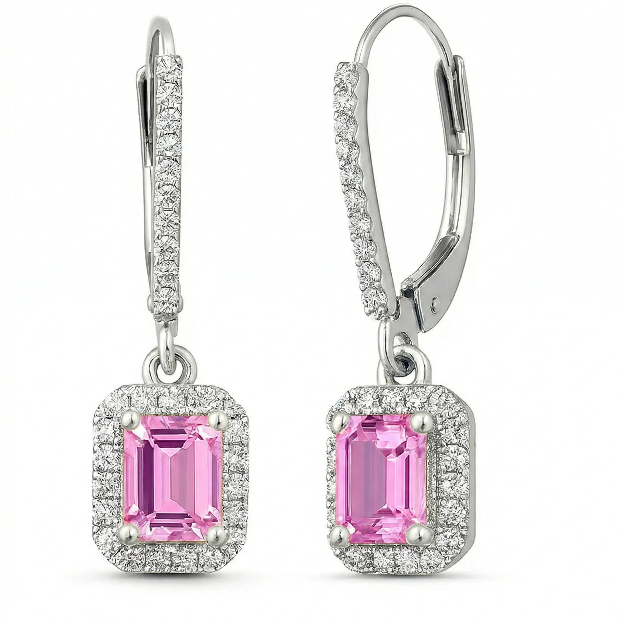 <span style="color:purple">SPECIAL!</span> 1.19ct G SI 14K White Gold Diamond & Pink Sapphire Gemstone Lever Back Earrings