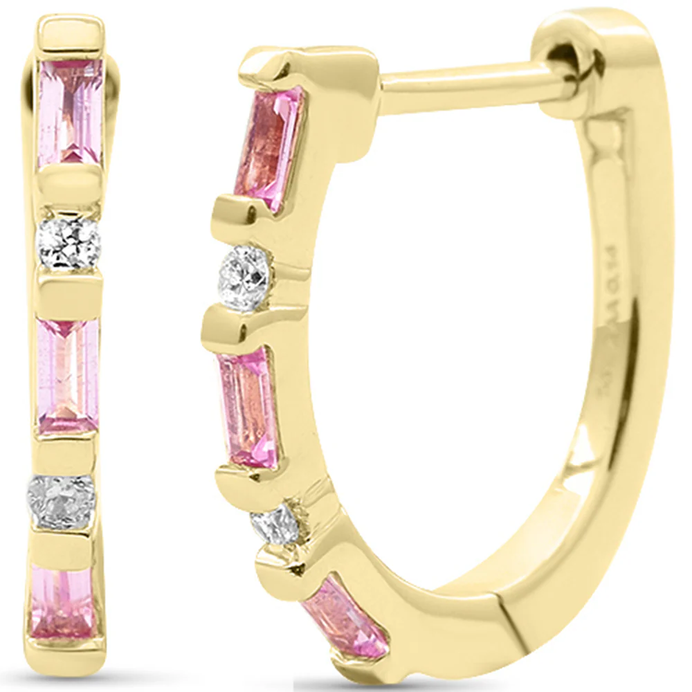 <span style="color:purple">SPECIAL!</span>.23ct G SI 14K Yellow Gold Diamond & Pink Sapphire Gemstone Hoop Earrings