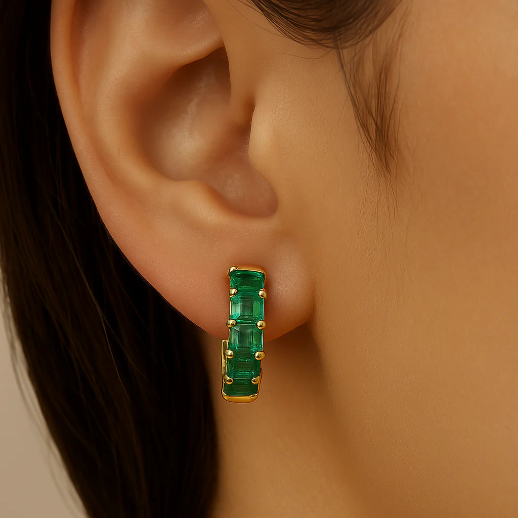 <span style="color:purple">SPECIAL!</span> 4.50ct G SI 14K Yellow Gold Emerald Cut Emerald Gemstones Hoop Huggie Earrings - Image 2