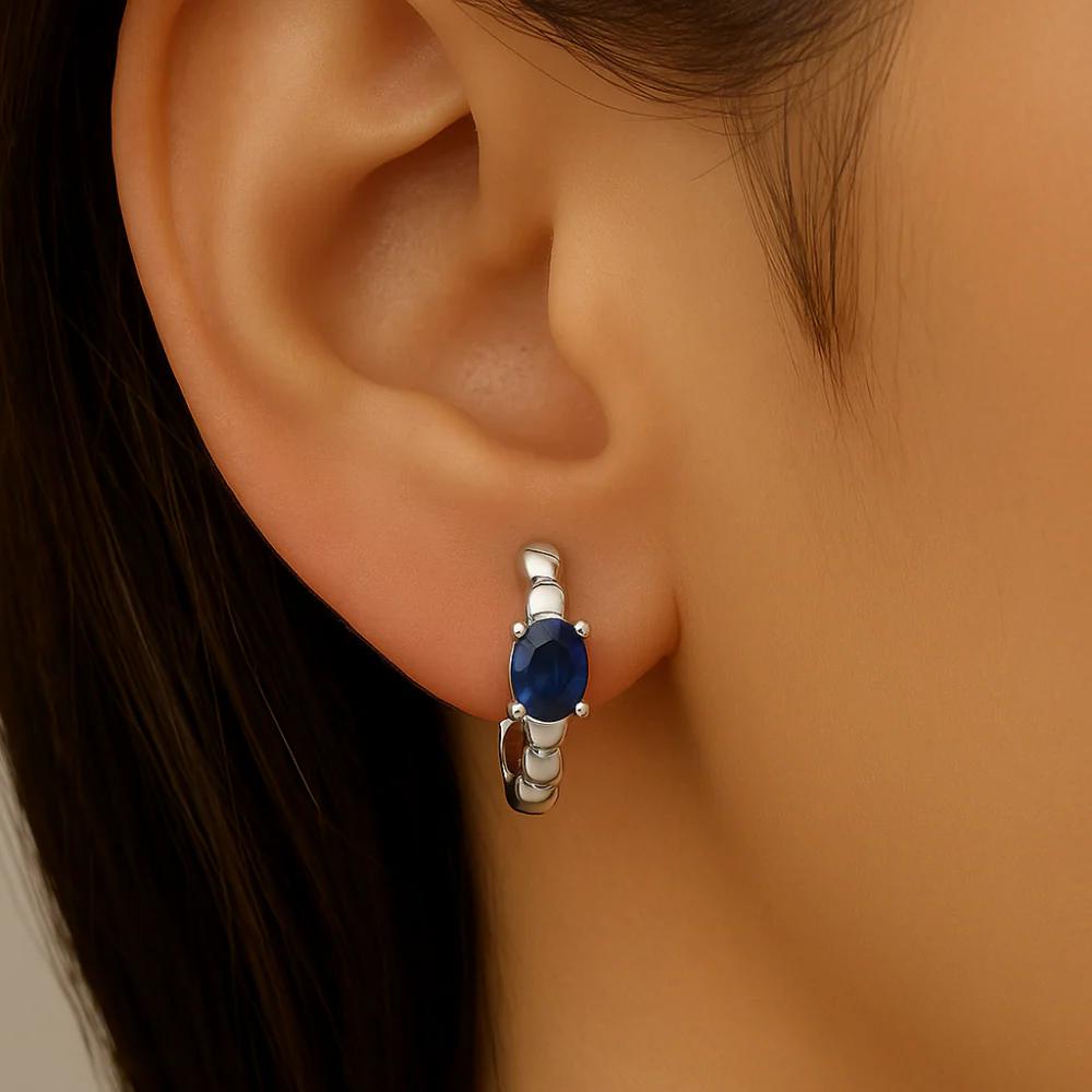 <span style="color:purple">SPECIAL!</span> .55ct 14K White Gold Blue Sapphire Gemstone Hoop Earrings - Image 2