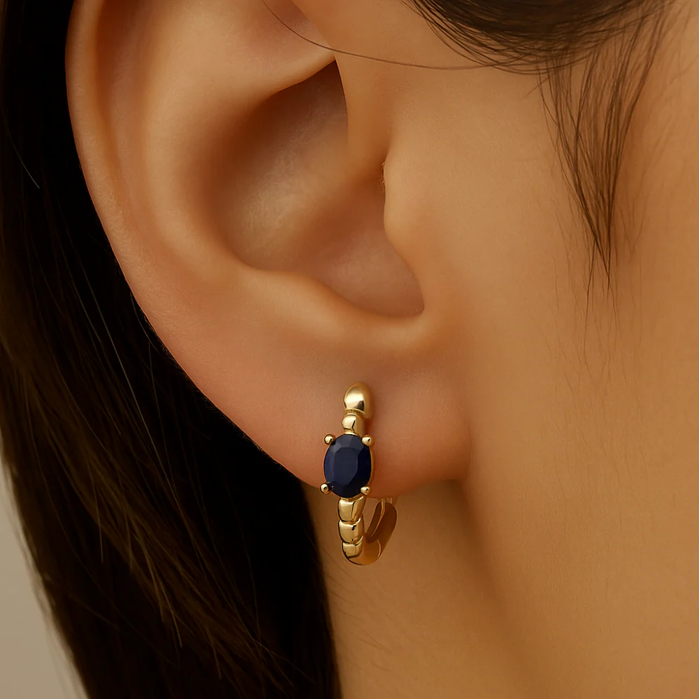 <span style="color:purple">SPECIAL!</span>.46ct 14K Yellow Gold Blue Sapphire Gemstone Hoop Earrings - Image 2