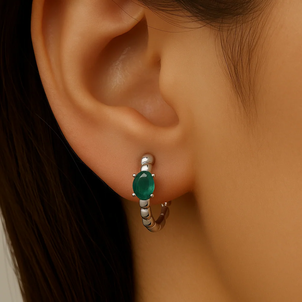<span style="color:purple">SPECIAL!</span> .30ct 14K White Gold Emerald Gemstone Hoop Earrings - Image 2