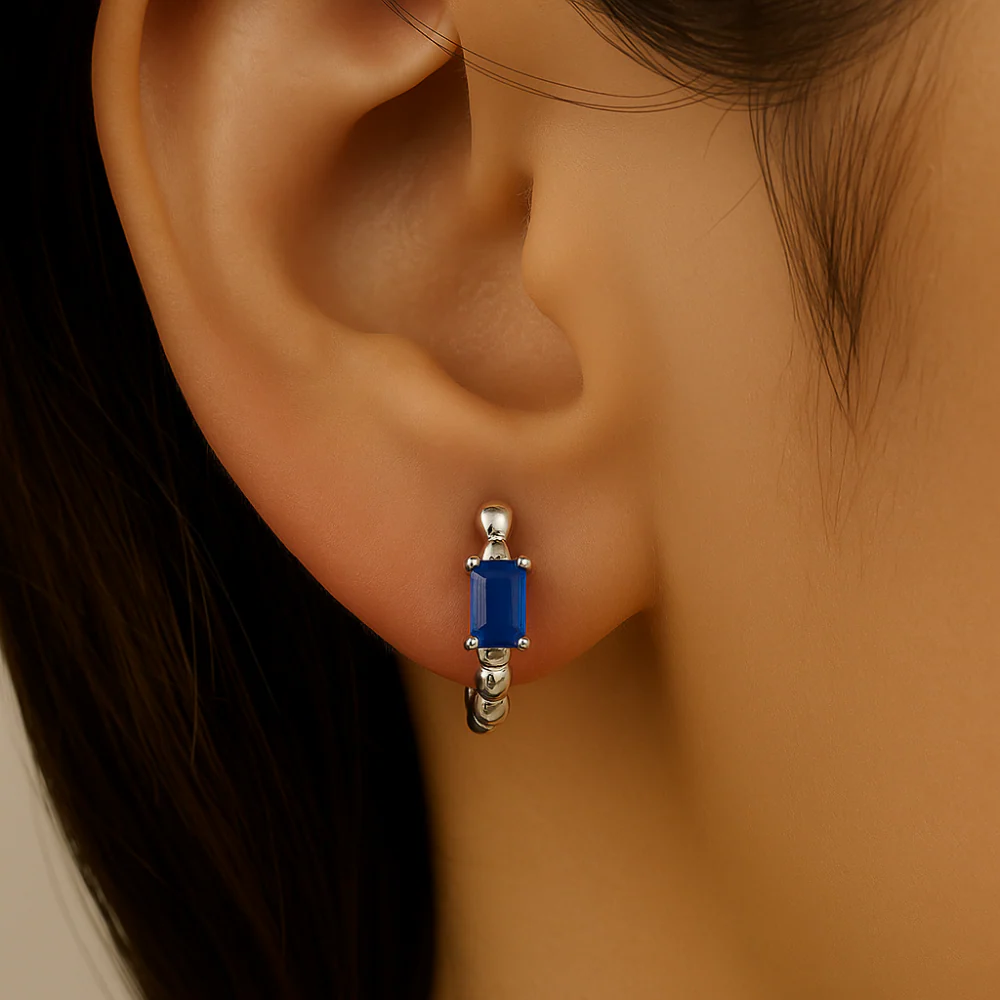 <span style="color:purple">SPECIAL!</span>.65ct 14K White Gold Blue Sapphire Gemstone Hoop Earrings - Image 2