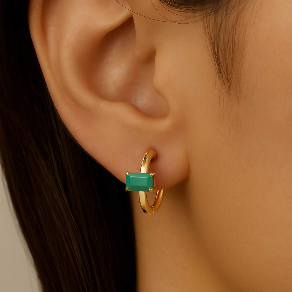 <span style="color:purple">SPECIAL!</span>.52ct 14K Yellow Gold Emerald Gemstone Petite Hoop Earrings - Image 2