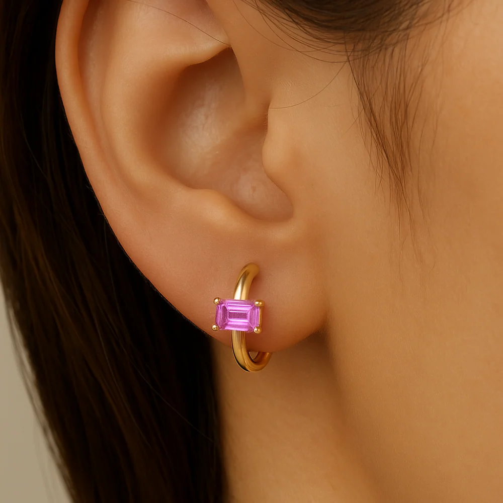 <span style="color:purple">SPECIAL!</span>.70ct 14K Yellow Gold Pink Sapphire Gemstone Petite Hoop Earrings - Image 2