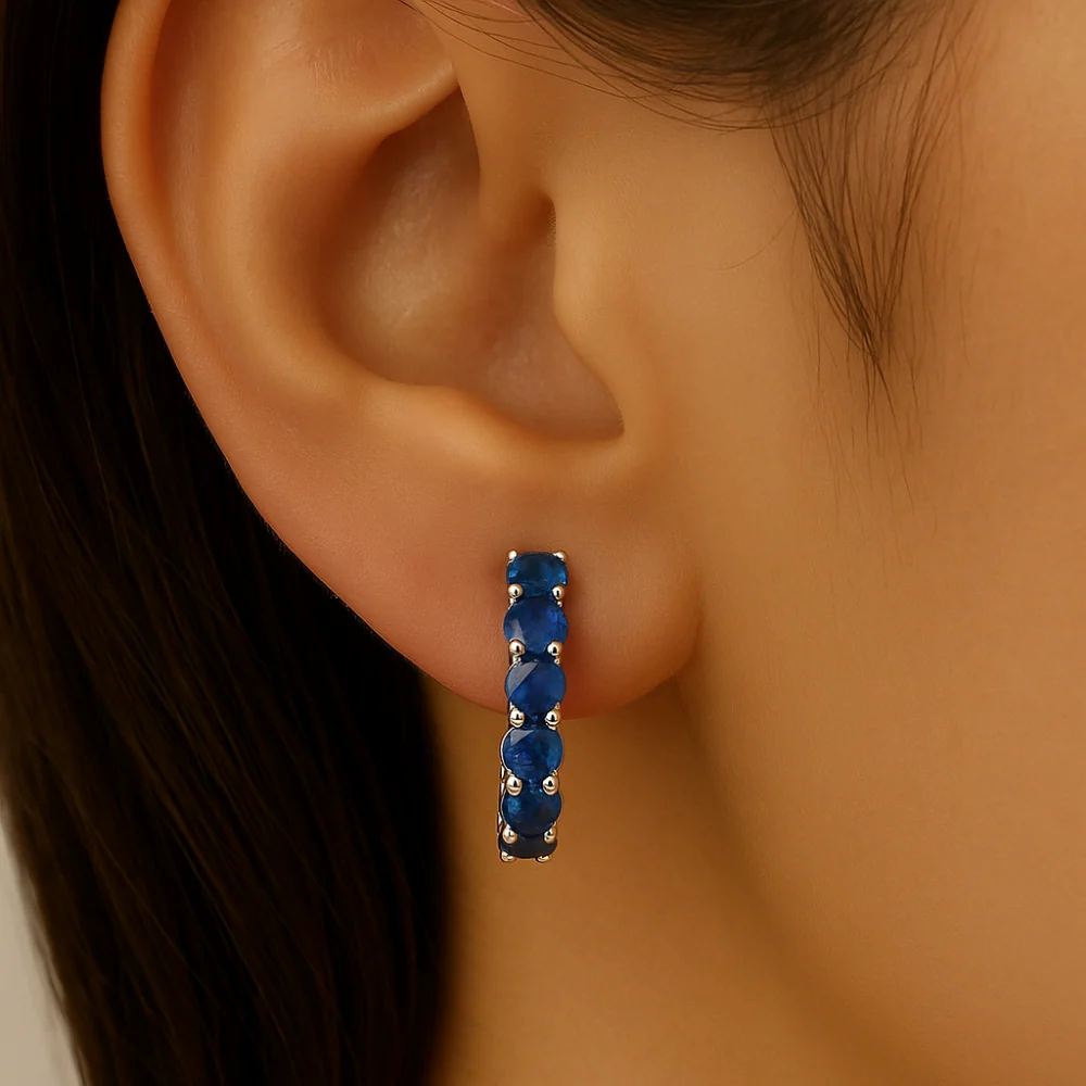 <span style="color:purple">SPECIAL!</span>.71ct 14K White Gold Blue Sapphire Gemstone Hoop Earrings - Image 2