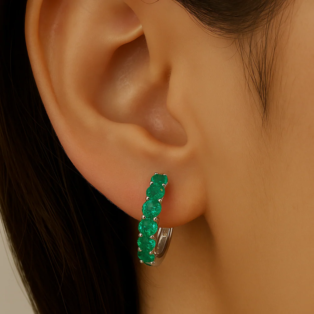 <span style="color:purple">SPECIAL!</span> .50ct 14K White Gold Emerald Gemstone Hoop Earrings - Image 2