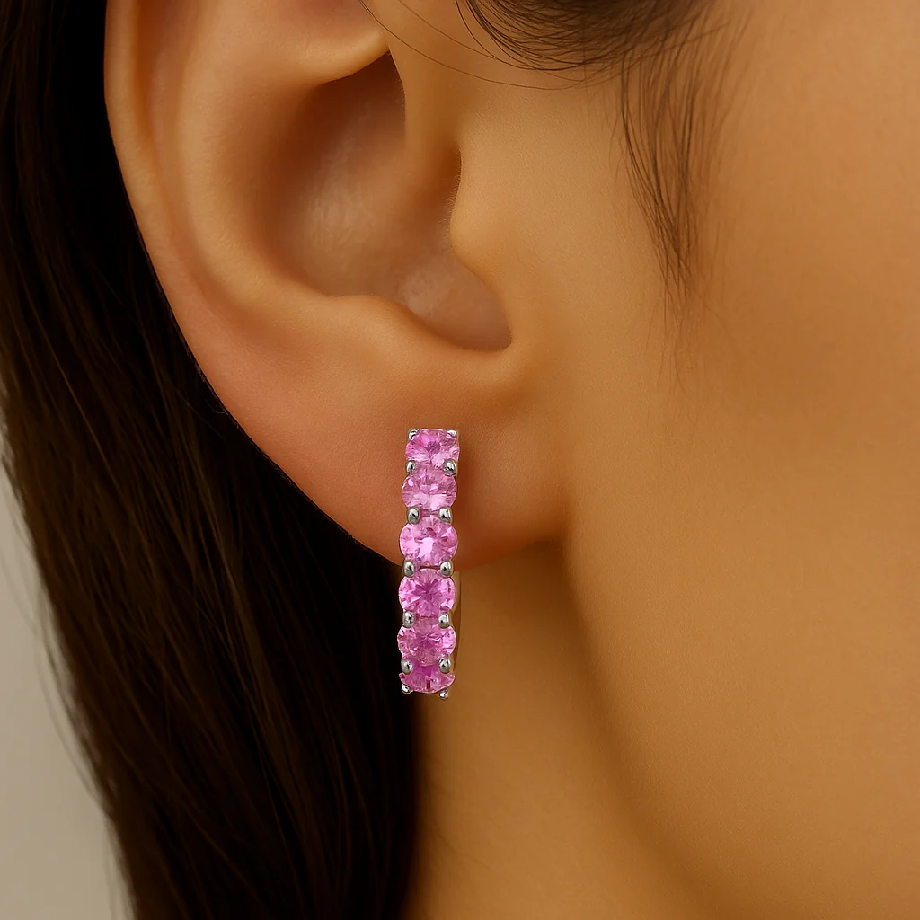 <span style="color:purple">SPECIAL!</span>.54ct 14K White Gold Pink Sapphire Gemstone Hoop Earrings - Image 2