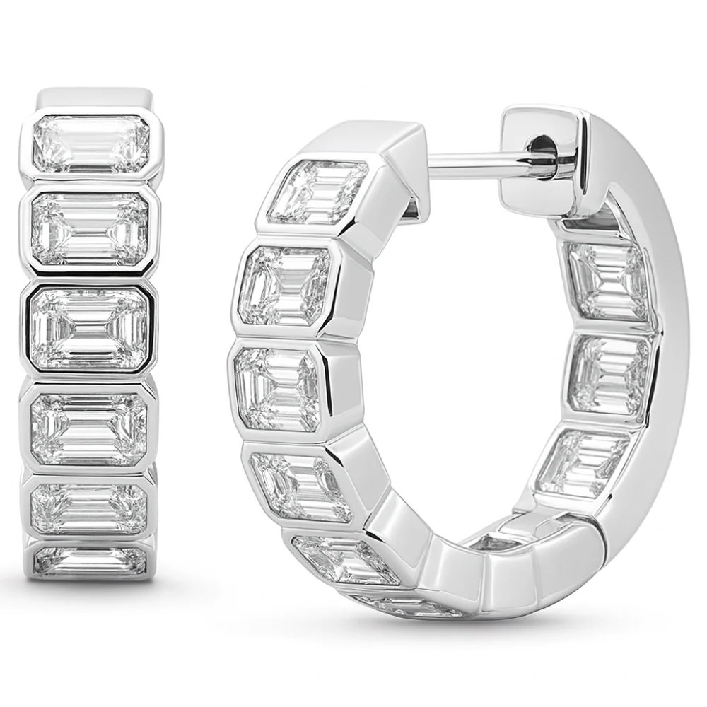 <span style="color:purple">SPECIAL!</span> 3.52ct G SI 14K White Gold Bezel Set Emerald Cut Diamond Hoop Huggie Earrings