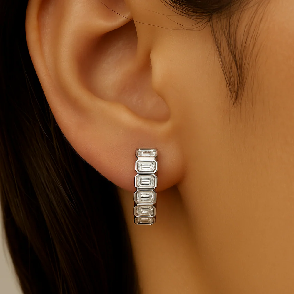 <span style="color:purple">SPECIAL!</span> 3.52ct G SI 14K White Gold Bezel Set Emerald Cut Diamond Hoop Huggie Earrings - Image 2