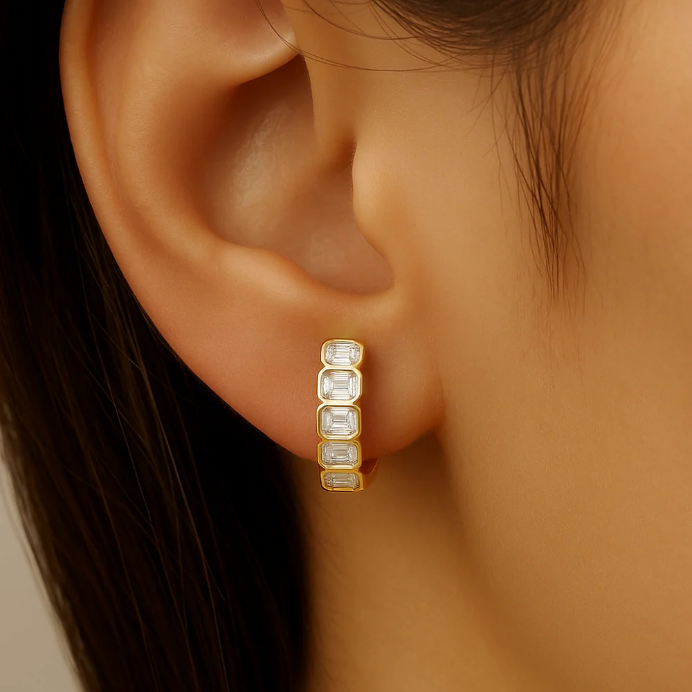 <span style="color:purple">SPECIAL!</span> 1.56ct G SI 14K Yellow Gold Bezel Set Emerald Cut Diamond Hoop Huggie Earrings - Image 2