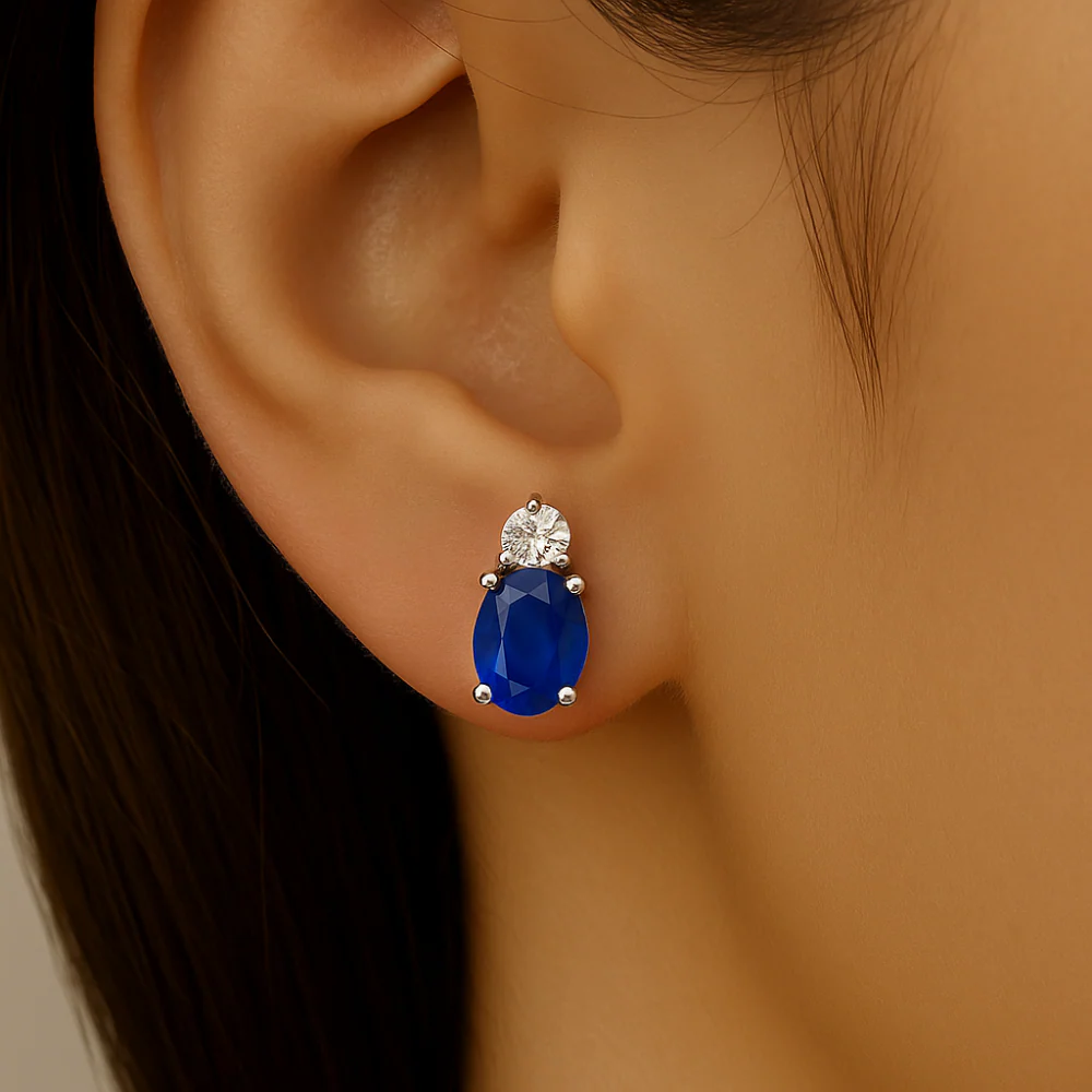 <span style="color:purple">SPECIAL!</span> 1.17ct G SI 14K White Gold Blue Sapphire Gemstone & Diamond Earrings - Image 2