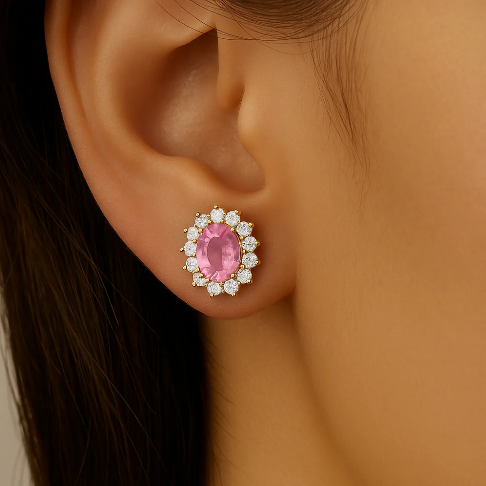 <span style="color:purple">SPECIAL!</span> 1.30ct G SI 14kt Yellow Gold Diamond & Pink Sapphire Gemstone Earrings - Image 2