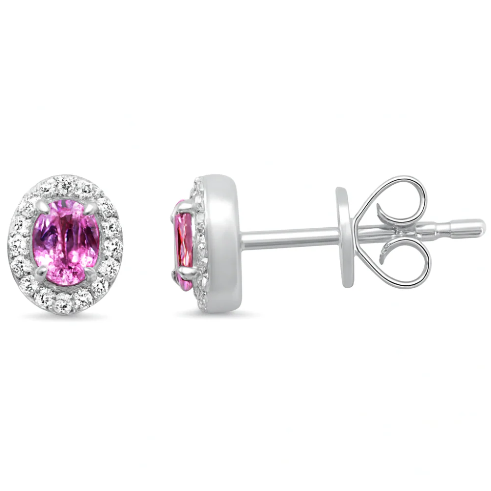 .51ct G SI 14kt White Gold Diamond & Pink Sapphire Halo Stud Gemstone Earrings