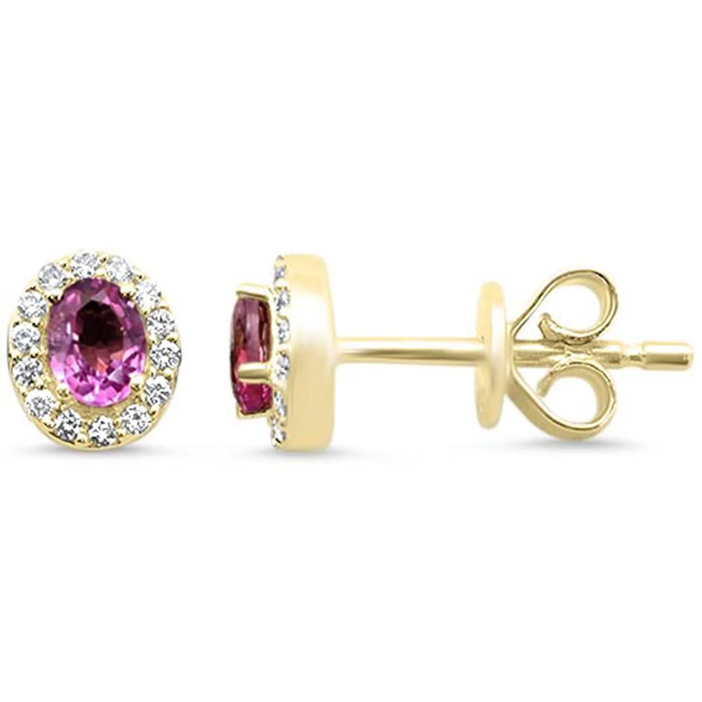 .48ct G SI 14kt Yellow Gold Diamond & Pink Sapphire Halo Stud Gemstone Earrings