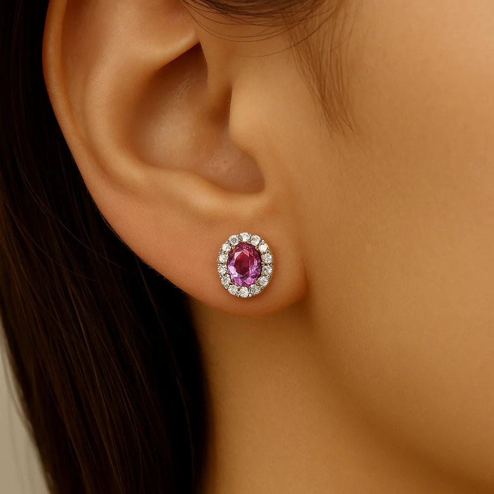 .48ct G SI 14kt Yellow Gold Diamond & Pink Sapphire Halo Stud Gemstone Earrings - Image 2