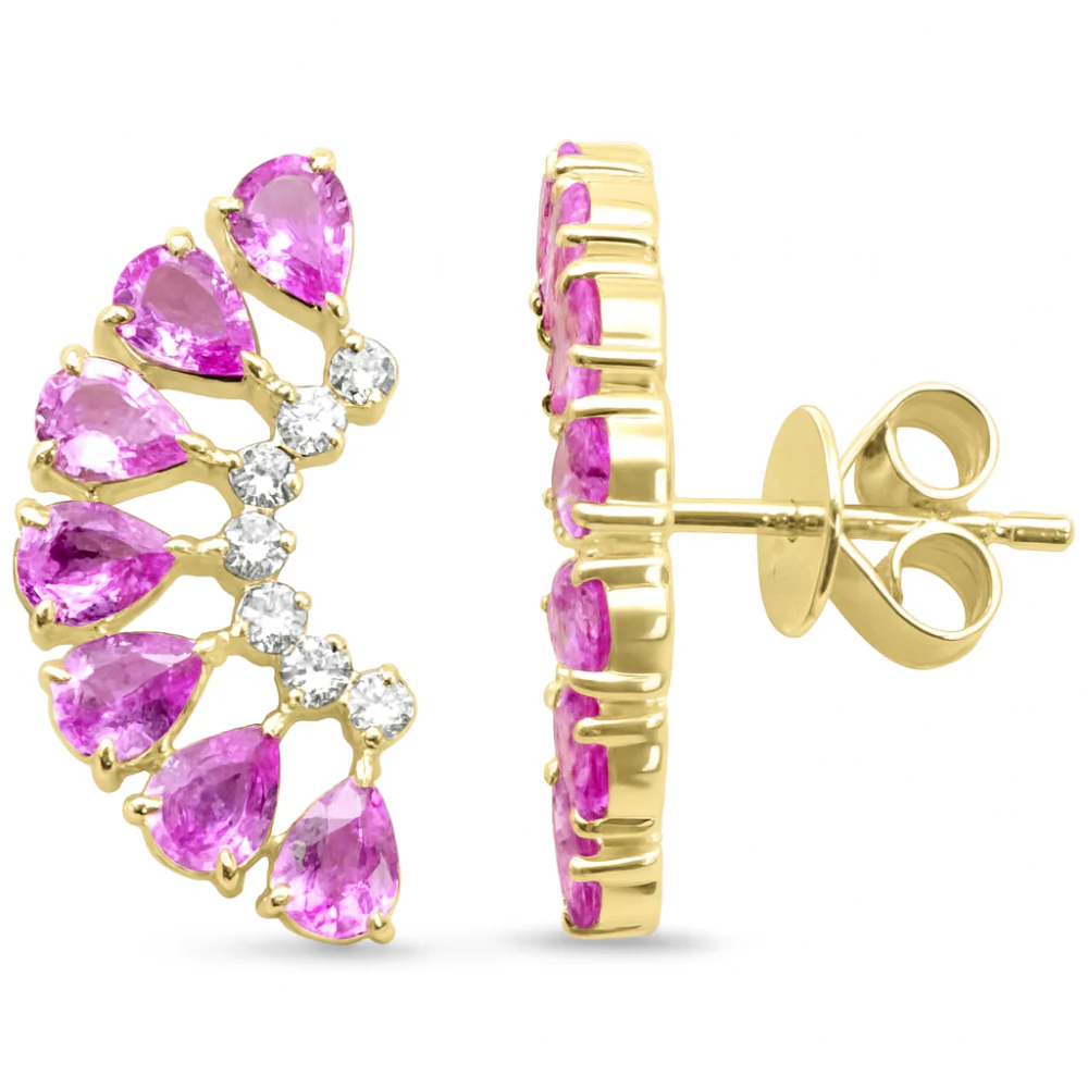 <span style="color:purple">SPECIAL!</span> 2.40ct G SI 14kt Yellow Gold Diamond & Pear Shape Pink Sapphire Gemstone Ear Crawler Earrings - Image 2