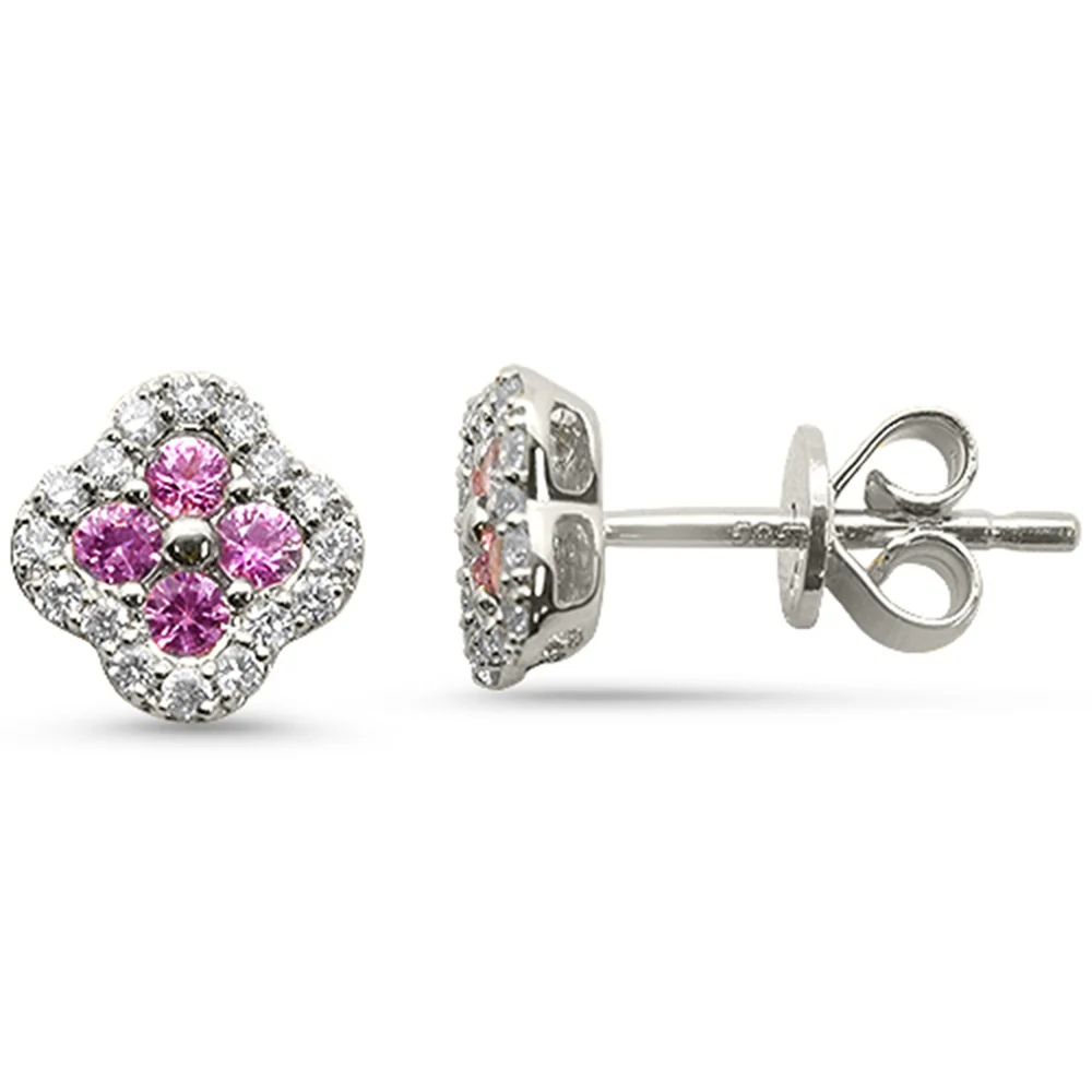 <span style="color:purple">SPECIAL!</span> .49ct G SI 14kt White Gold Diamond & Pink Sapphire Gemstone Petite Clover Earrings