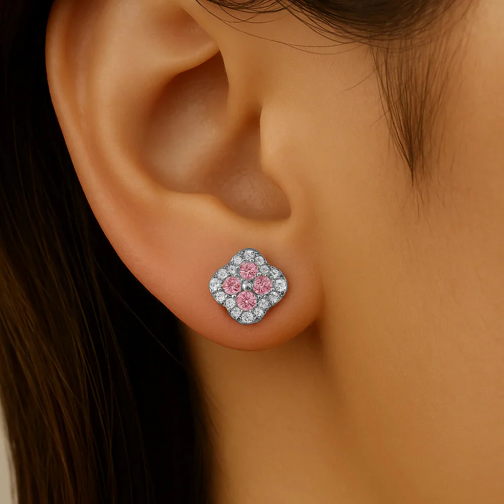 <span style="color:purple">SPECIAL!</span> .49ct G SI 14kt White Gold Diamond & Pink Sapphire Gemstone Petite Clover Earrings - Image 2