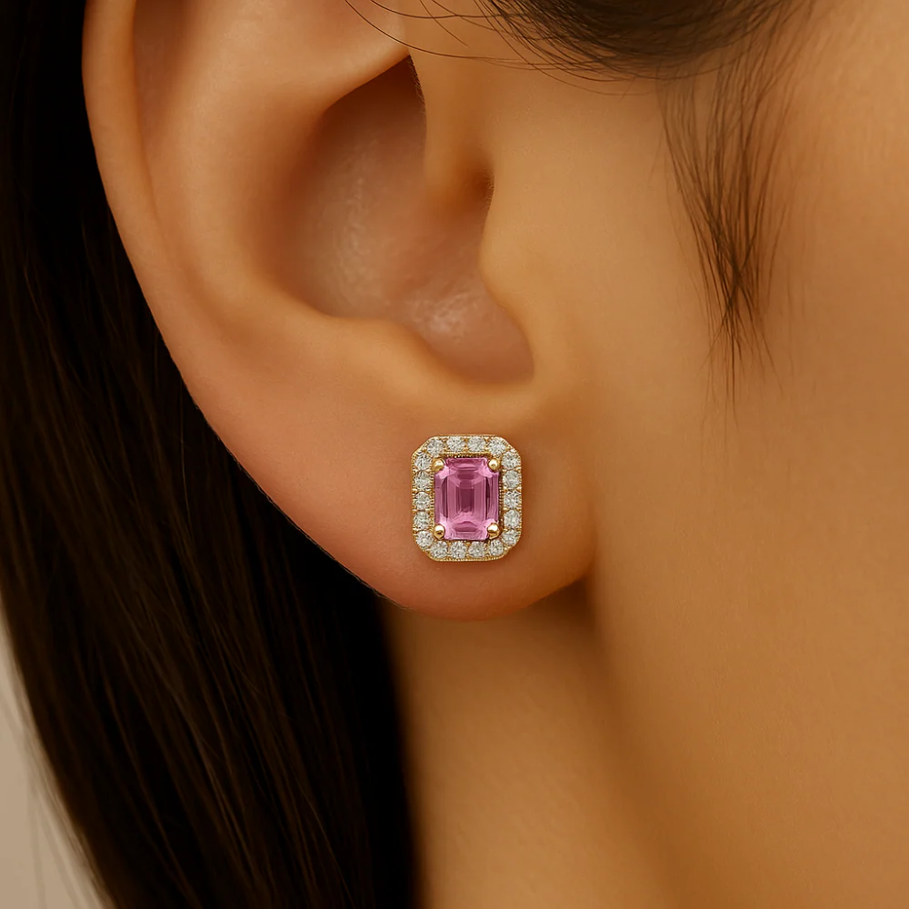 <span style="color:purple">SPECIAL!</span> .72ct G SI 14kt Yellow Gold Diamond & Pink Sapphire Halo Gemstones Stud Earrings - Image 2