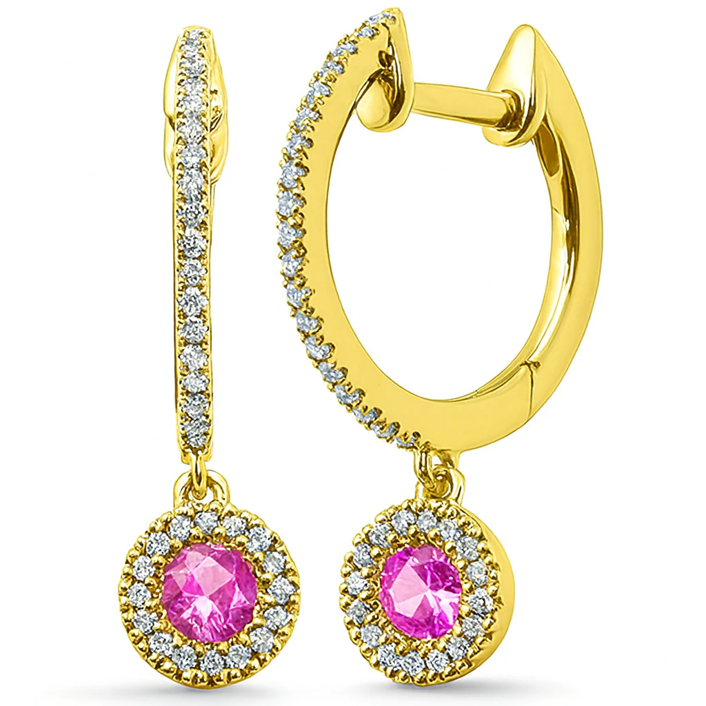 <span style="color:purple">SPECIAL!</span> .38ct G SI 14kt Yellow Gold Diamond & Pink Sapphire Gemstones Dangling Hoop Earrings