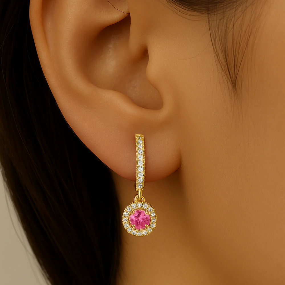 <span style="color:purple">SPECIAL!</span> .38ct G SI 14kt Yellow Gold Diamond & Pink Sapphire Gemstones Dangling Hoop Earrings - Image 2