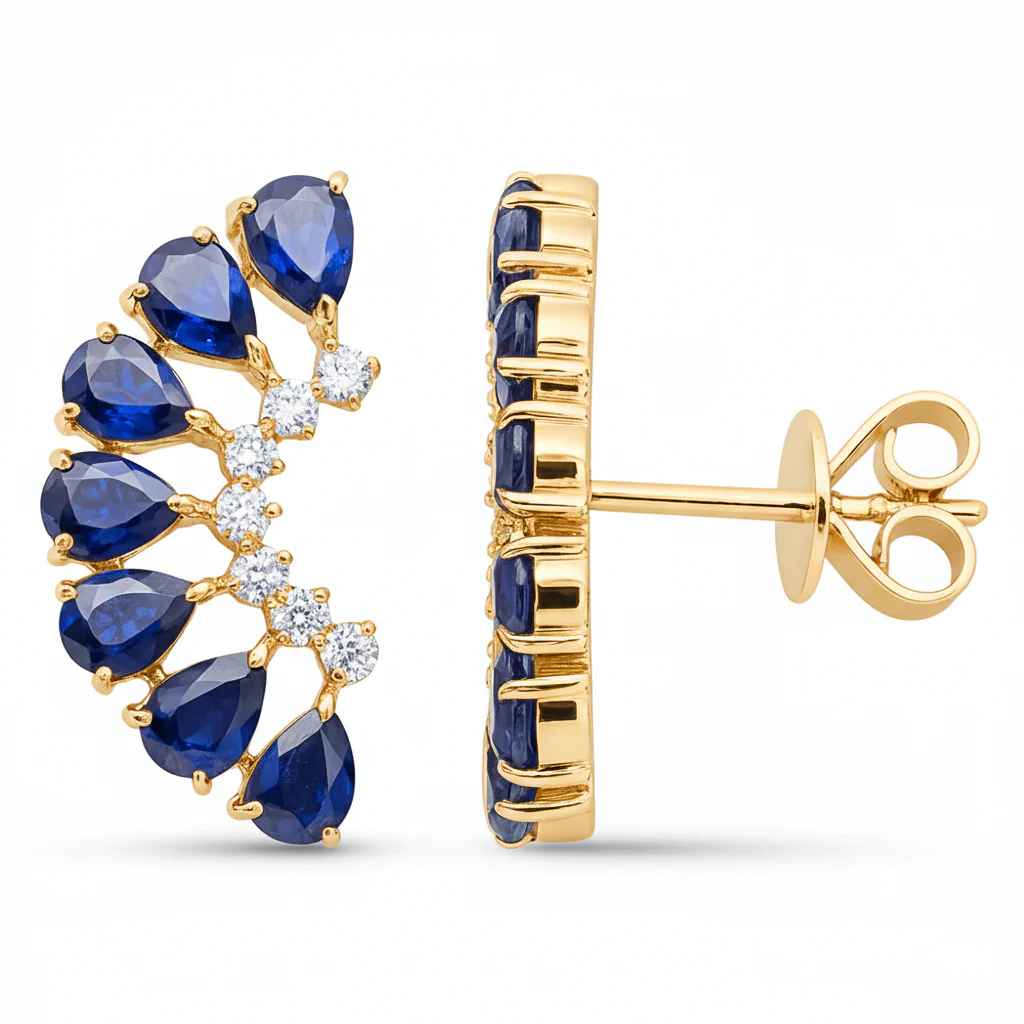 <span style="color:purple">SPECIAL!</span> 3.67ct G SI 14kt Yellow Gold Diamond & Pear Shape Blue Sapphire Gemstone Ear Crawler Earrings