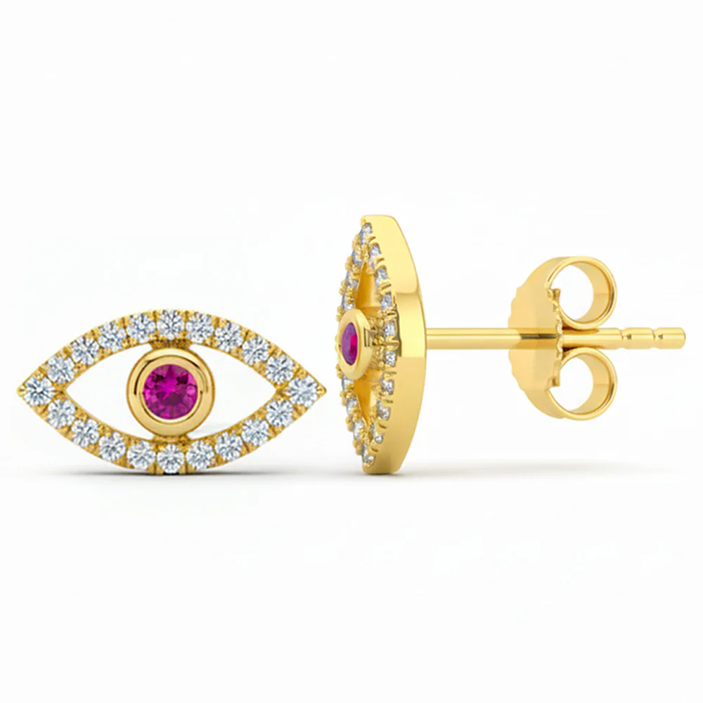 .11ct G SI 14kt Yellow Gold Pink Sapphire & Diamond Evil Eye Earrings