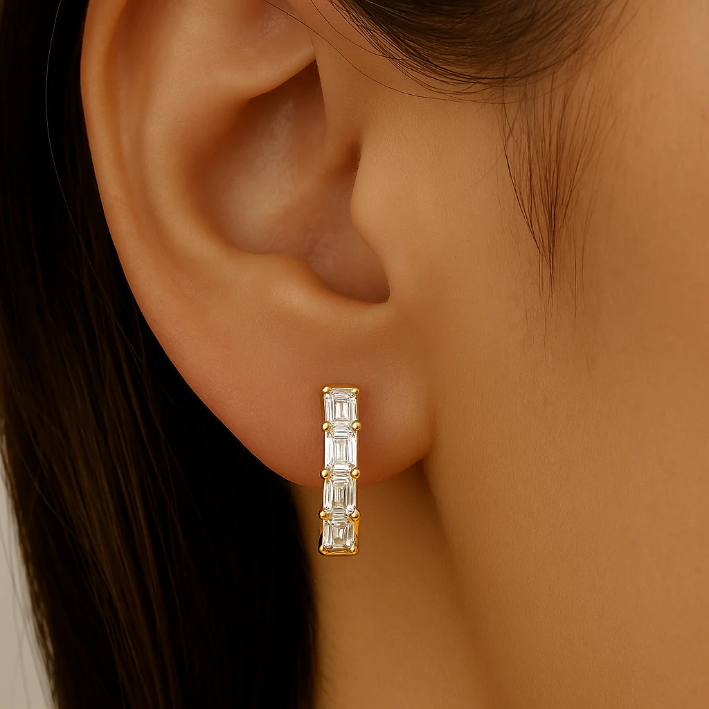 <span style="color:purple">SPECIAL!</span> .93ct G SI 14kt Yellow Gold Emerald Cut Diamond Hoop Huggie Earrings - Image 2