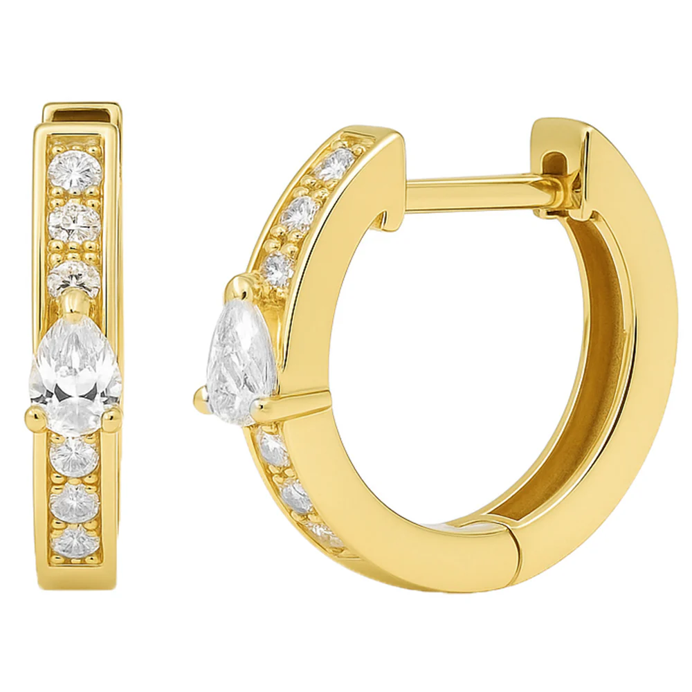 <span style="color:purple">SPECIAL!</span> .35ct G SI 14kt Yellow Gold Round & Pear Shaped Diamond Hoop Huggie Earrings