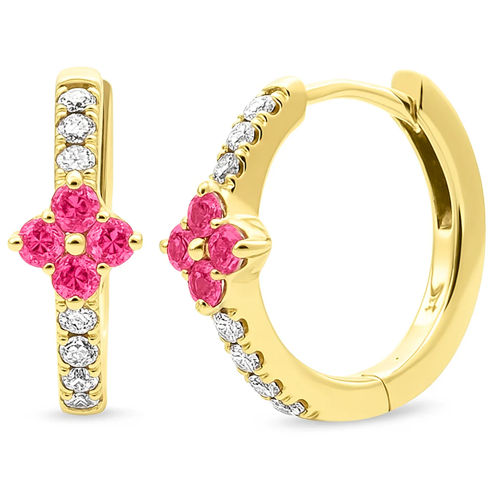 <span style="color:purple">SPECIAL!</span> .53ct G SI 14kt Yellow Gold Diamond & Pink Sapphire Gemstone Hoop Earrings