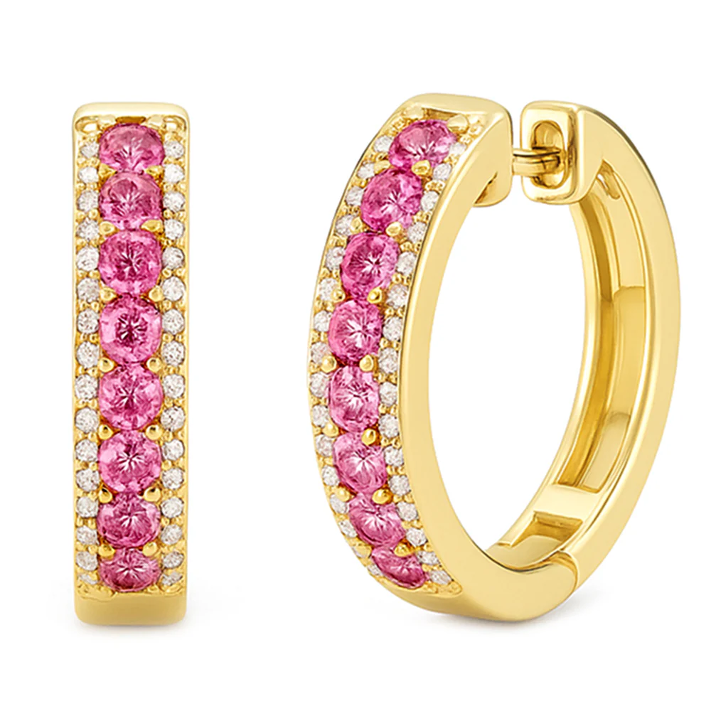 <span style="color:purple">SPECIAL!</span> .59ct G SI 14KT Yellow Gold Round Diamond & Pink Sapphire Gemstone Hoop Earrings