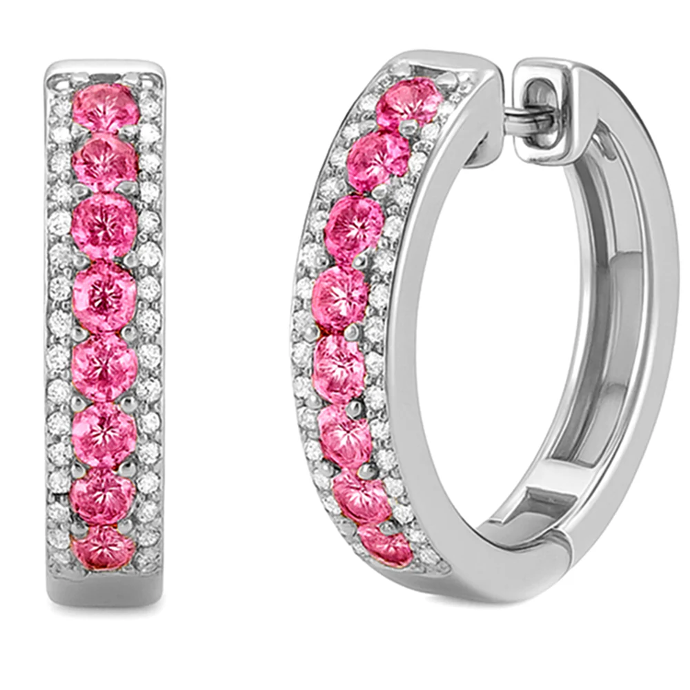 <span style="color:purple">SPECIAL!</span> .58ct G SI 14KT White Gold Round Diamond & Pink Sapphire Gemstone Hoop Earrings