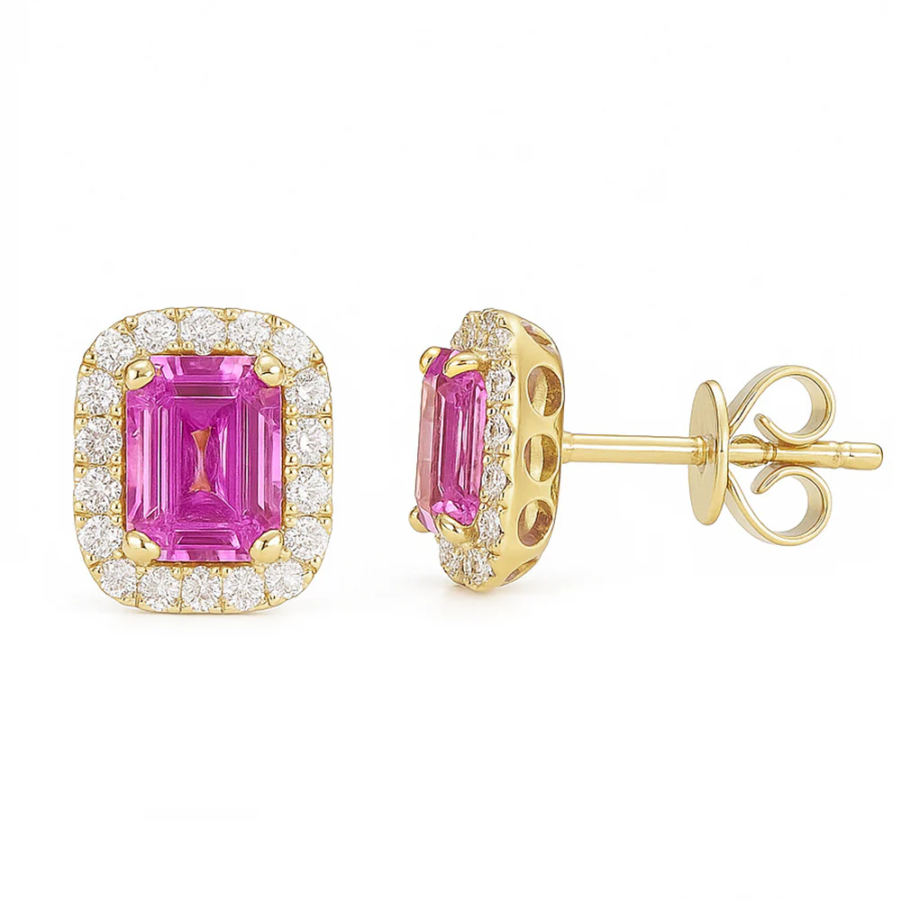 <span style="color:purple">SPECIAL!</span> 1.33ct G SI 14KT Yellow Gold Diamond & Pink Sapphire Gemstone Earrings