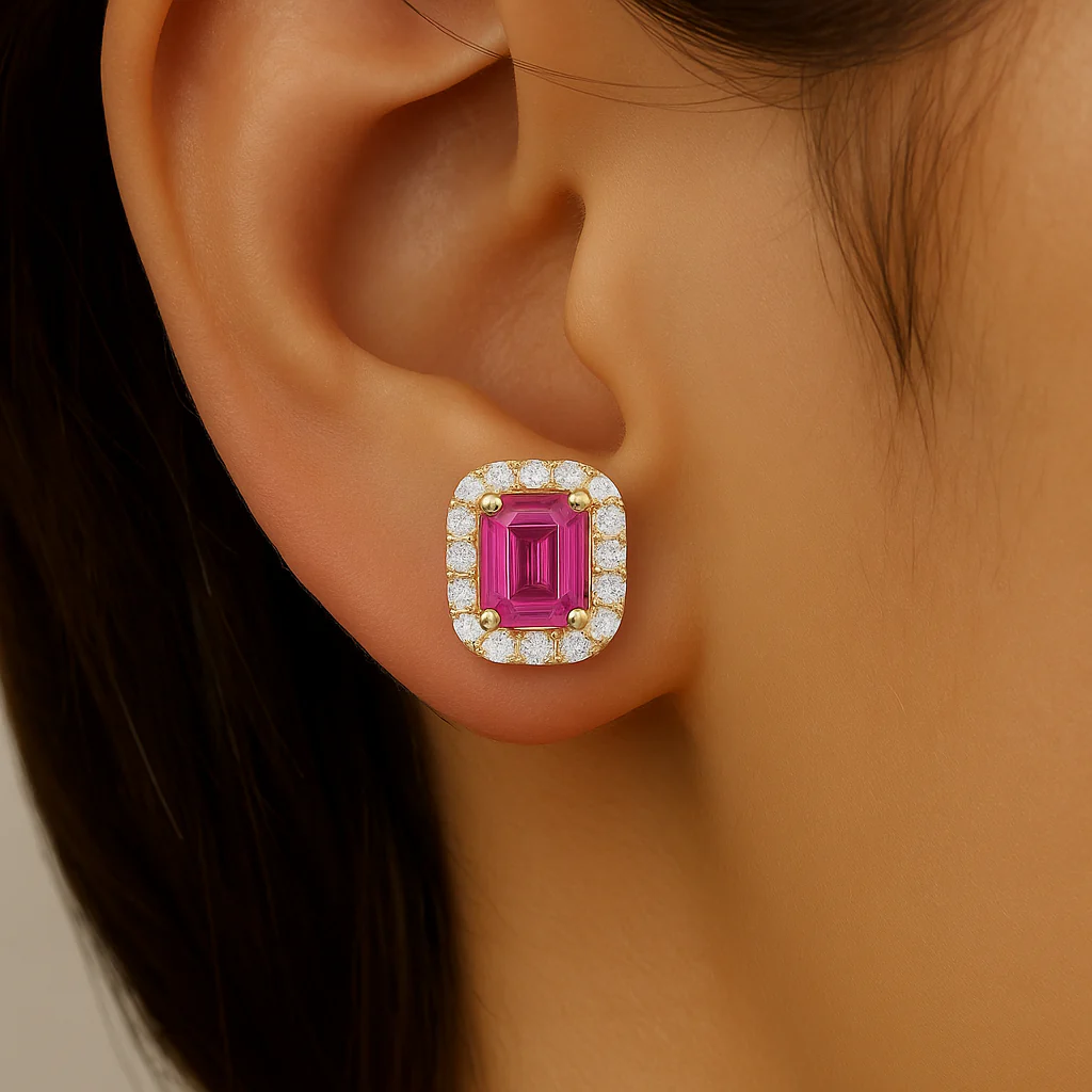 <span style="color:purple">SPECIAL!</span> 1.33ct G SI 14KT Yellow Gold Diamond & Pink Sapphire Gemstone Earrings - Image 2