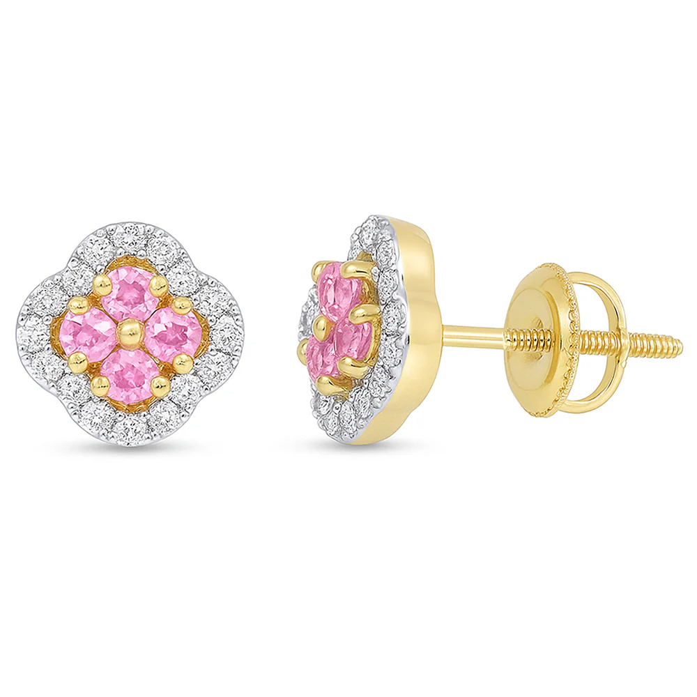 <span style="color:purple">SPECIAL!</span> .79ct G SI 14kt Yellow Gold Diamond & Pink Sapphire Clover Gemstone Earrings